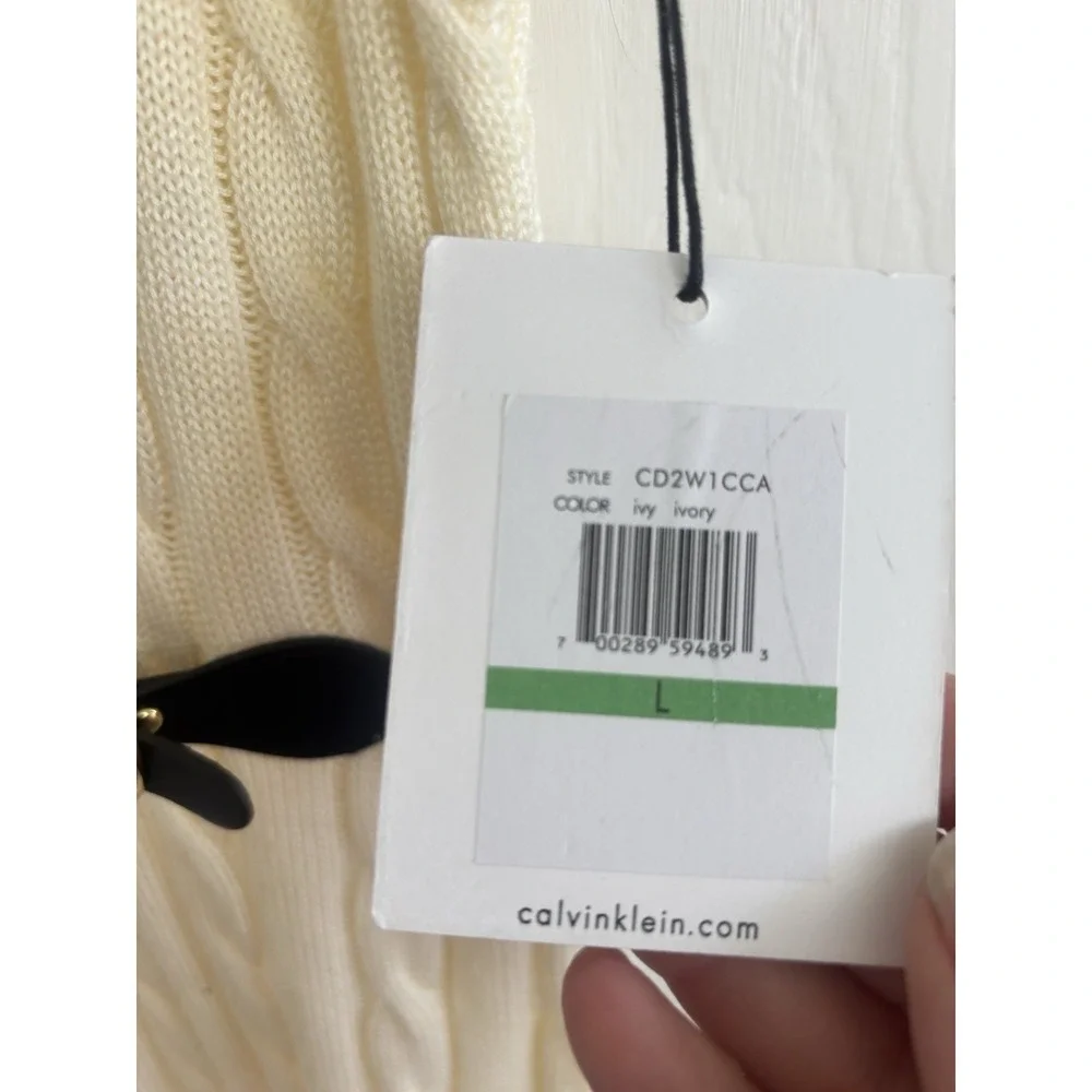 Calvin‎ Klein Ivory Sleeveless Cable knit Sweater Dress Large Shawl Collar NEW